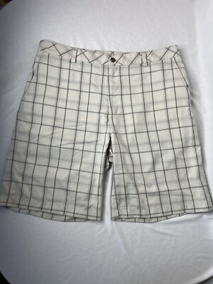 PING Performance Men's Golf Shorts Size 36x10 Beige Black Plaid Flat Front