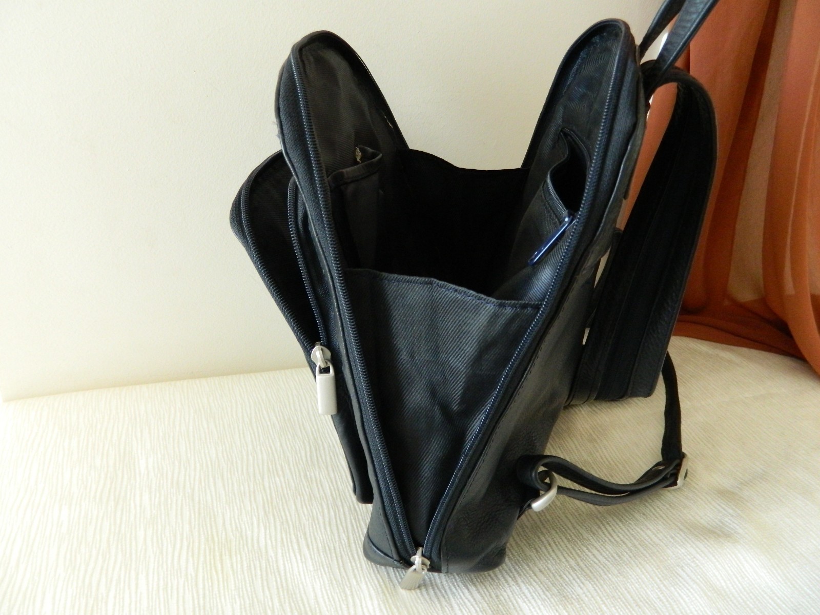 GENUINE LEATHER BACKPACK Trapezoid Solid Black Me… - image 14