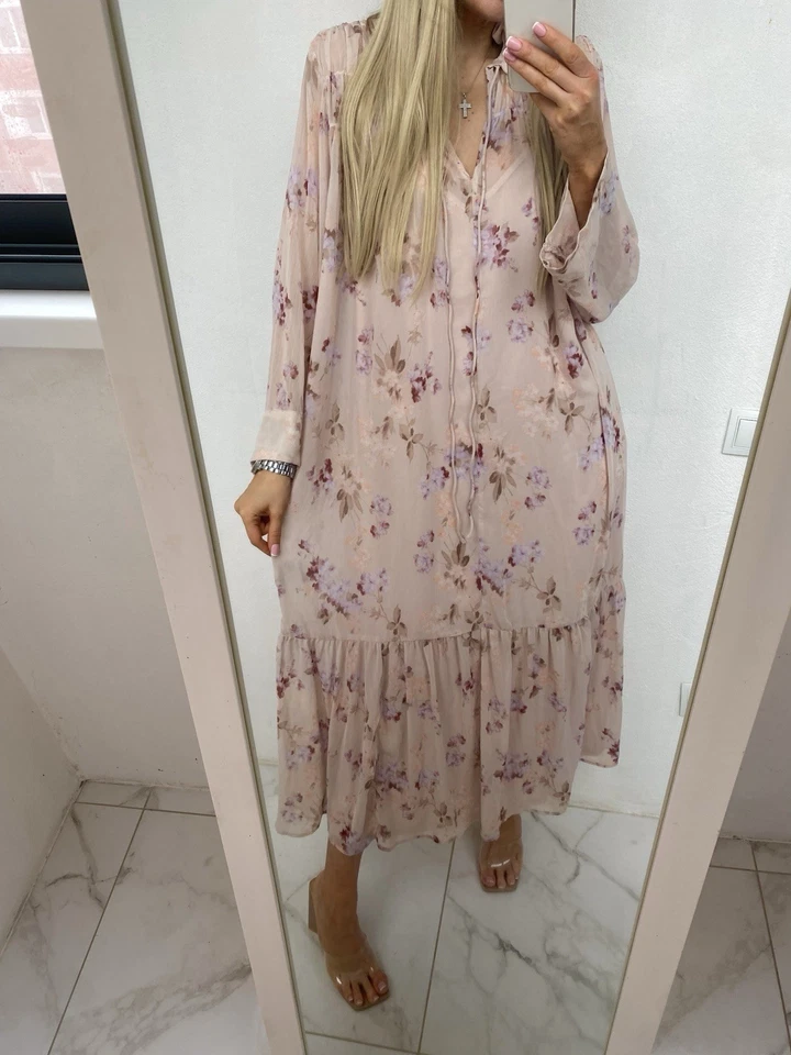 ❤️NEU BOHO ROSA LILA KLEID BLUMEN CHIFFON MAXIKLEID MIDIKLEID H&M GR.L - Bild 4 von 4