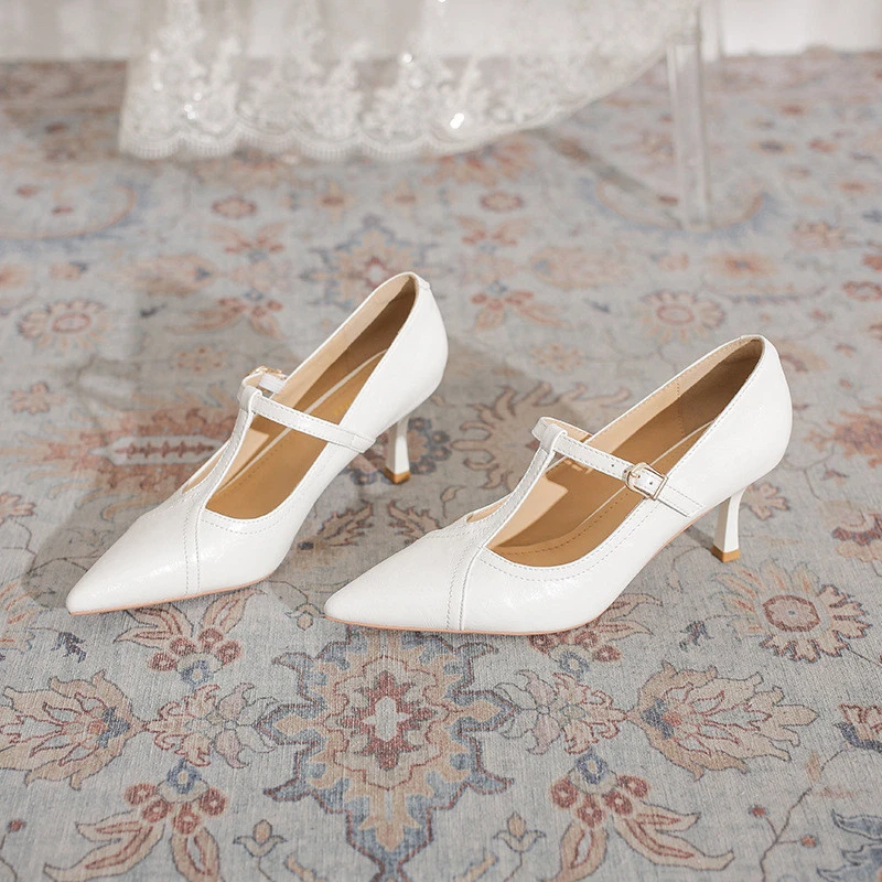 NODALETO Pointed High Heeled Shoes Women Retro Slim Heels Spring T Shaped Commuting Shoes