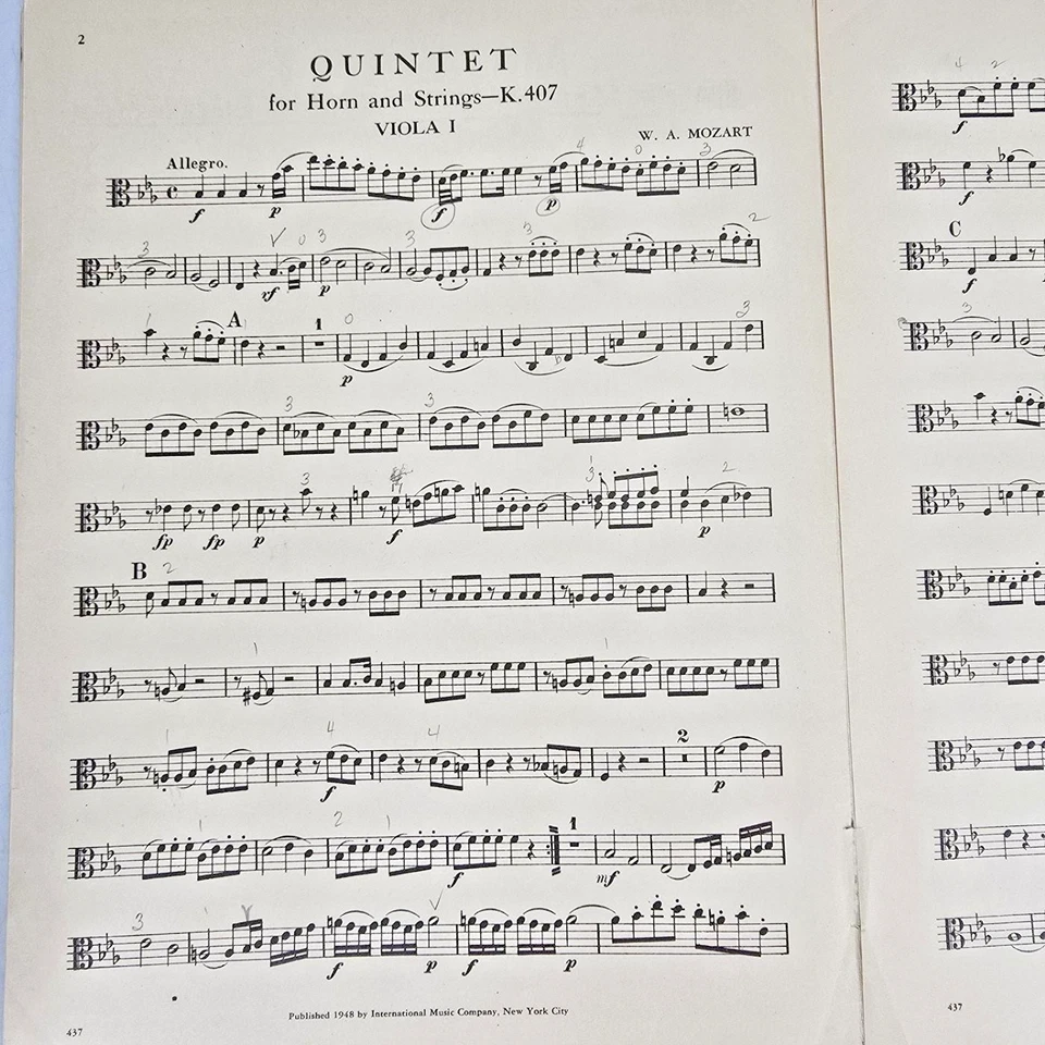 Mozart Quintet K.407 Violin Viola Cello French Horn Sheet Music Score Parts 1948 - Image 3 of 4