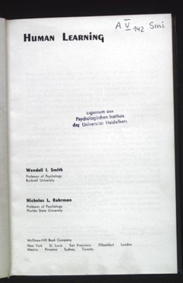Human Learning; McGraw-Hill Programmed Series in Psychology. Smith, Wendell I. a