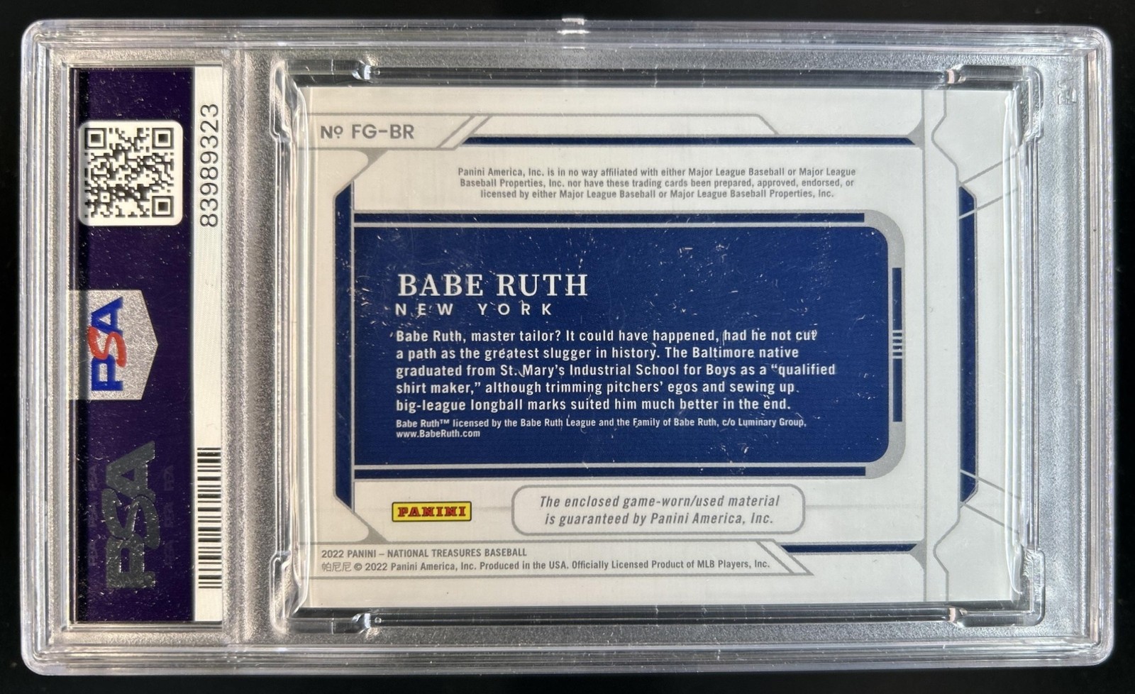 2022 Panini National Treasures Babe Ruth Field Gear Jersey #/10 Yankees PSA 9 view 2
