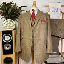 Men’s Handmade Bespoke Windowpane Check Tweed 3 Piece Suit (48R) Lovat Tweed
