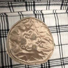 Beige Satin Quilted Makeup Bag with Embroider...