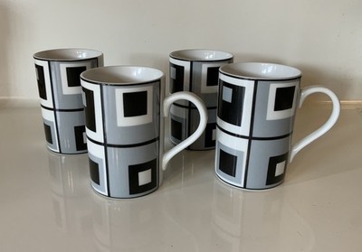  Vintage Konitz Germany Set Of  4 Mugs Black Gray White Squares 