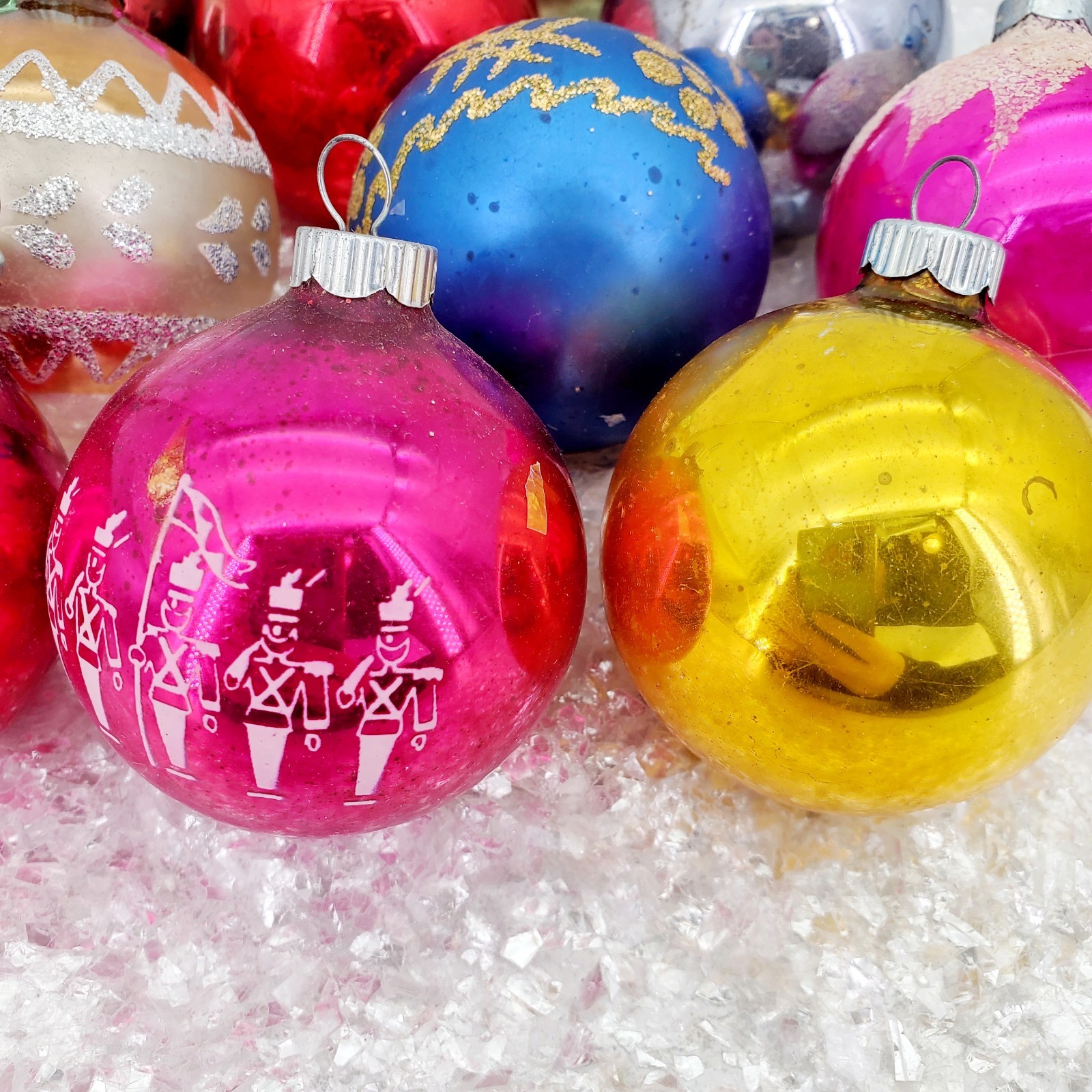 Vintage Shiny Brite USA Muticolored Stenciled Mercury Glass Ornaments in Box