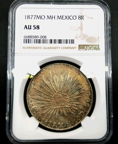 8 Reales 1877 Mo MH Mexico Eagle With Snake On Cactus Mexico AU58 NGC Very Rare!