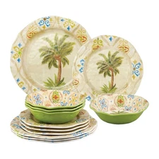 UPware 12 Piece Ikat Palm Melamine Dinnerware Sets, Outdoor Dishes Set, Plate...