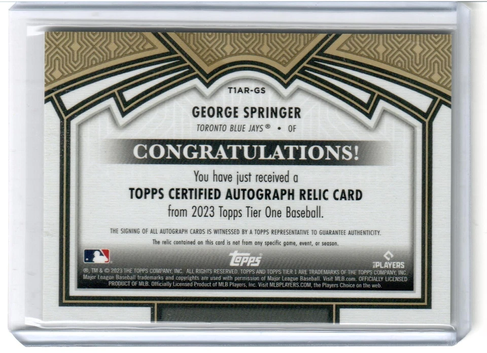 George Springer 2023 Topps Tier One Auto Relic Card T1AR-GS 92/99 Blue Jays - Image 2 of 2