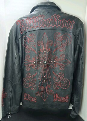 Affliction Mens BLACK Premium Biker Leather Jacket Cross RED Studs