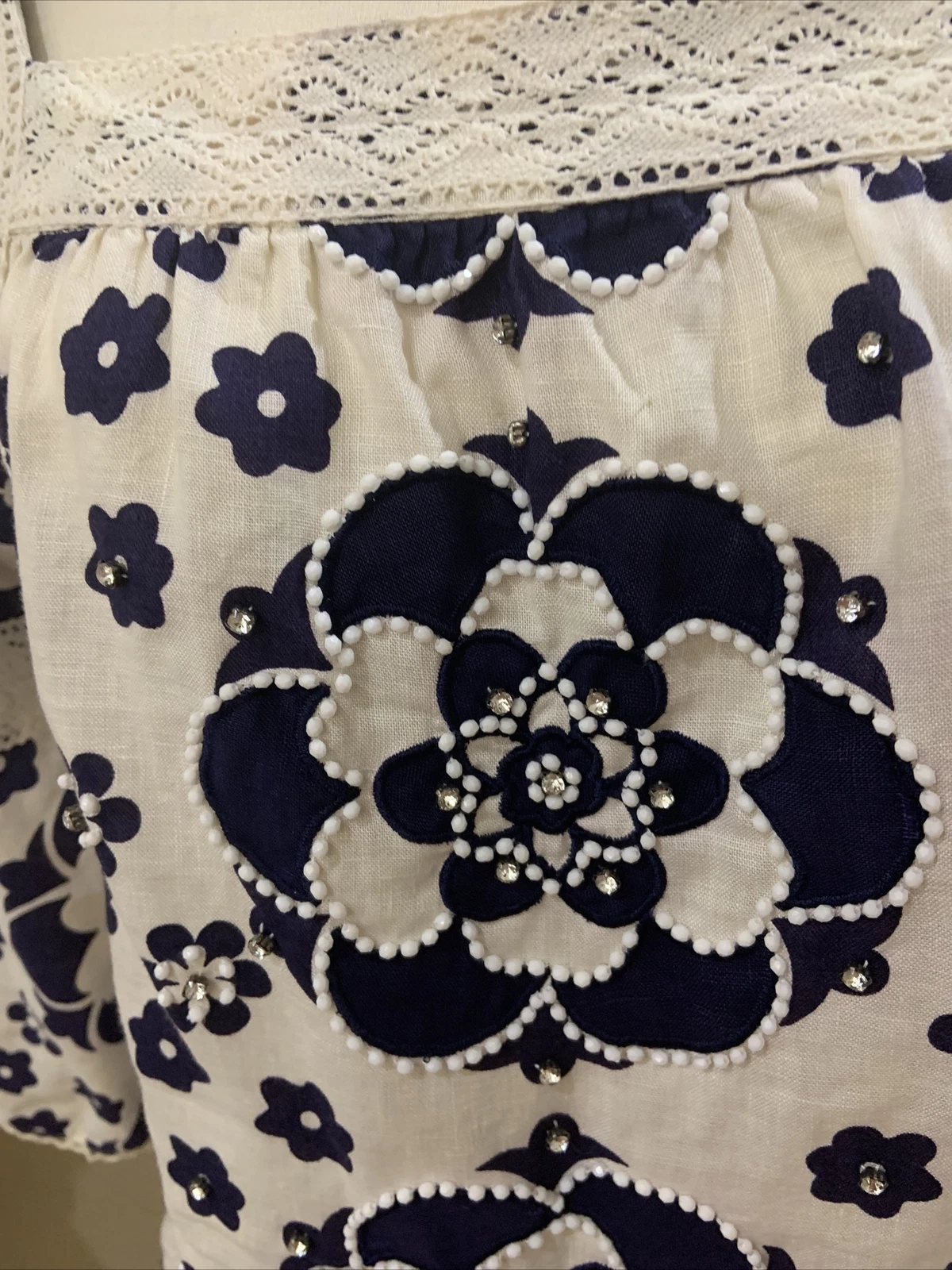 Tory Burch tunica di lino beige navy con perline taglia 10