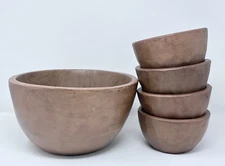 POTTERY BARN Handcrafted Wood Salad Serving Bowls Set w/Large 12" & 4 Bowls x 7"