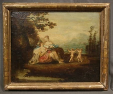 19th Century European Antique Oil Painting Girls Relaxing Rococo Classical Style