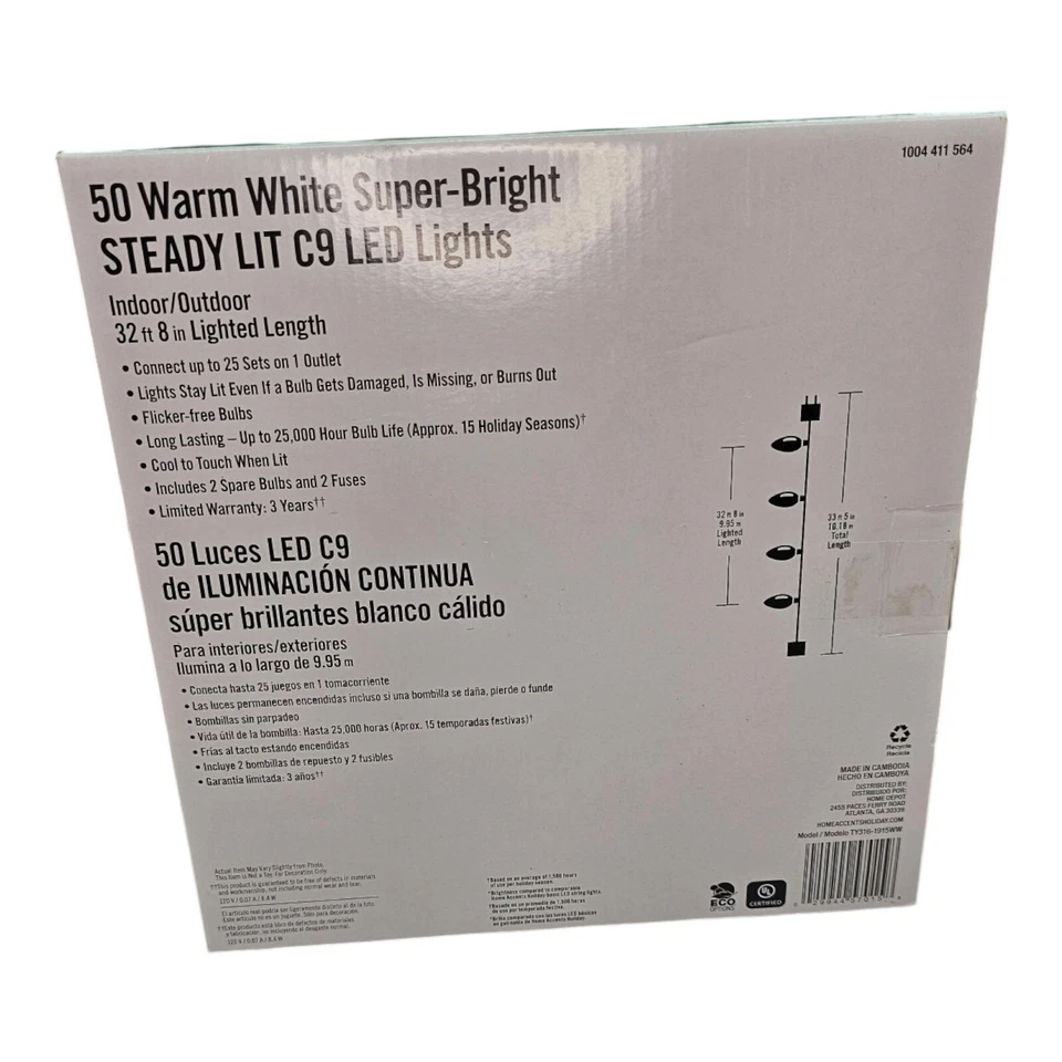  50 Warm White C9 LED Steady Lit Christmas Wedding Lights Home Accents Holiday - Image 3 of 4