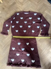 miss selfridge 16 Petite BNWT Brown Knit Co Ord Jumper Skirt Hearts Chocolate