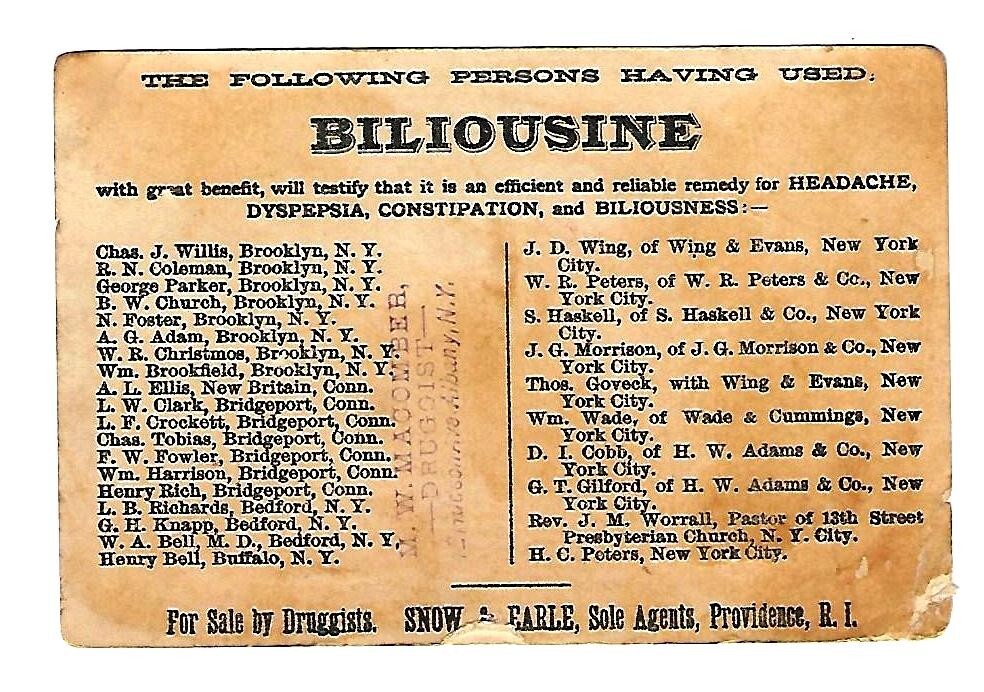 c1887 Trade Card Biliousine is a Sure Cure, For Sale By Druggists For-Cats Pig