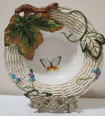 Vtg Fitz & Floyd Classics Majolica Butterfly Bowl Embossed,3D Ivy, Basket Weave