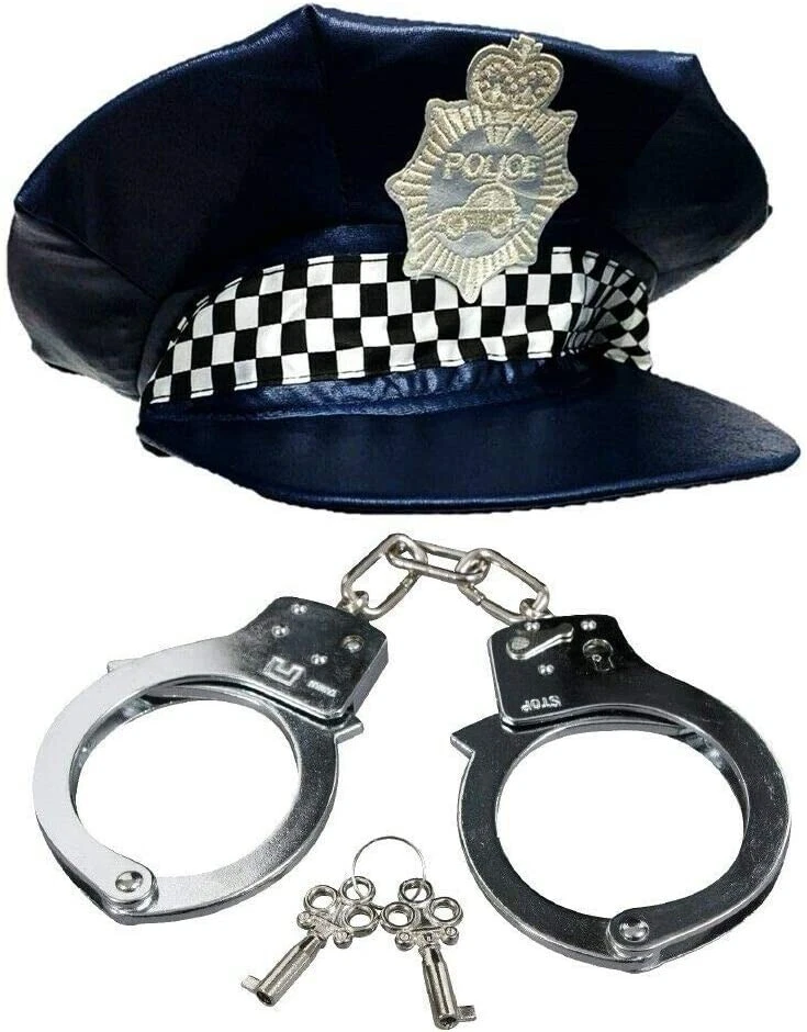 Dark Blue Police Hat and Silver Metal Handcuffs Fancy Dress Costume Halloween