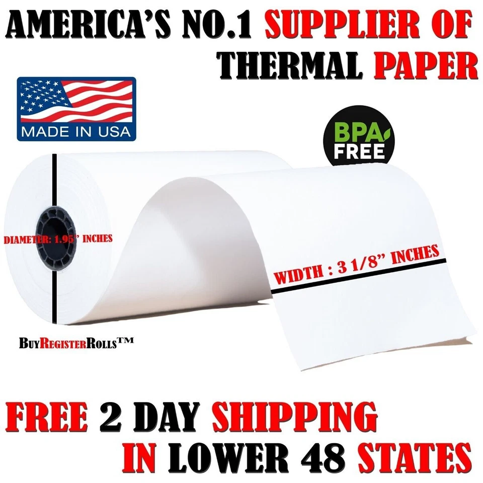 3-1/8" X 230' TERMAL POS IMPRESORA DE RECIBOS ROLLO DE PAPEL LIBRE DE BPA - 50 ROLLOS - 48 GSM Foto 2 de 4