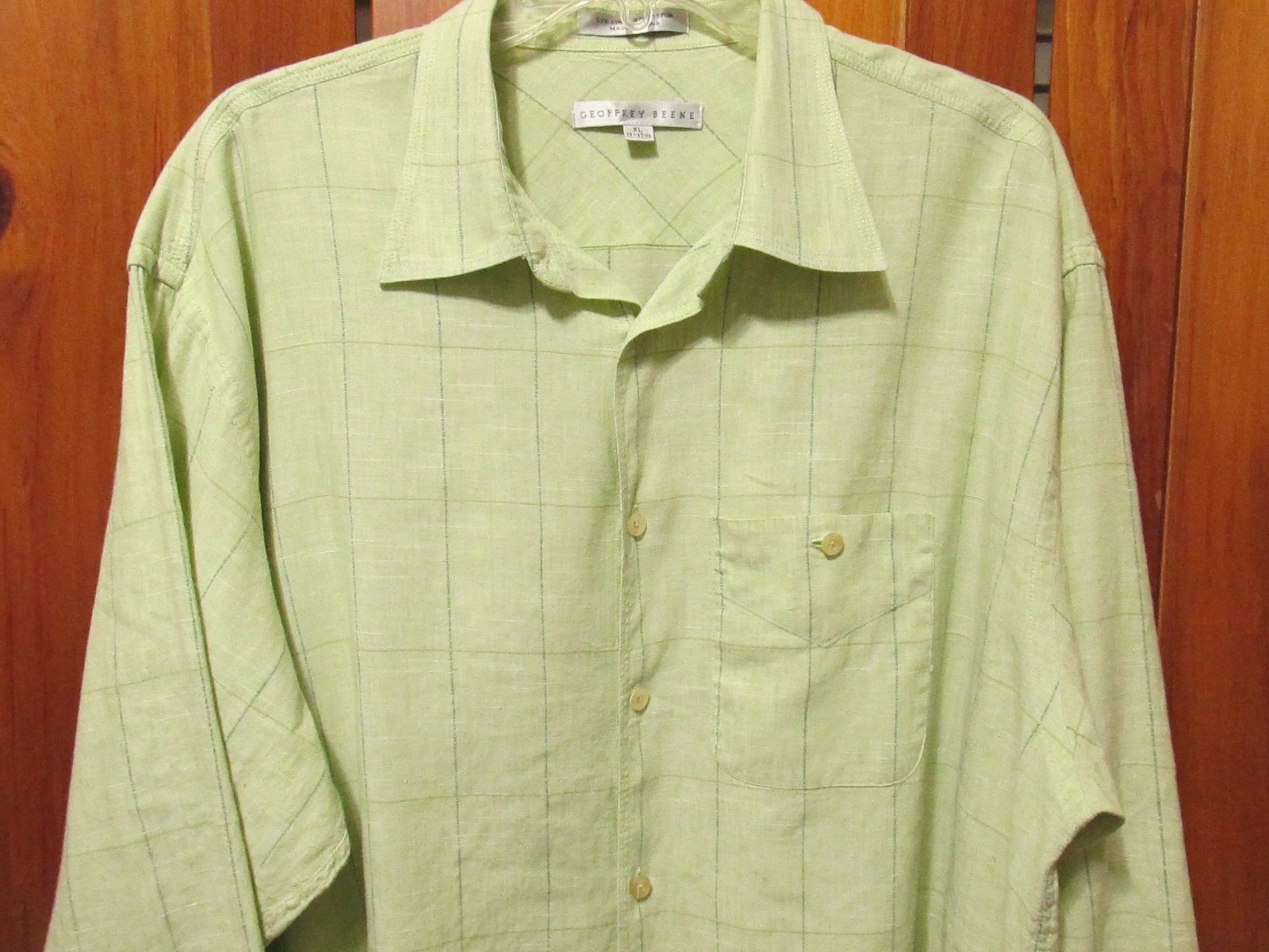 Geoffrey Beene Mens Shirt  XL ( 17-17.5) Green Linen Cotton Button Long Sleeves