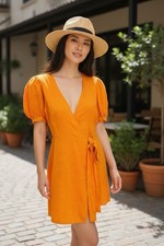 Zara 100% Linen Orange Wrap Dress Puff Sleeve Tie Waist Women’s Medium Portugal