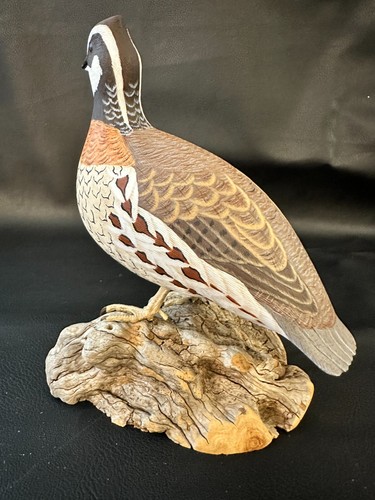 VTG. 2000 ORLYNN & MARY ELOMEN SIGNED HAND CARVED & PAINTED QUAIL BIRD CARVING - Afbeelding 6 van 9