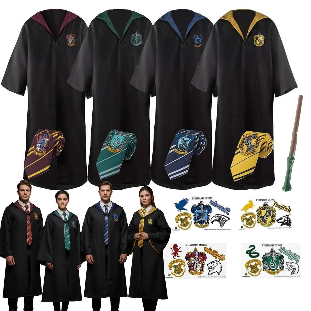 Harry Potter Disfraz para Adultos Oficial Casa del Mago Conjunto de Bata Varita de Corbata Tatuajes