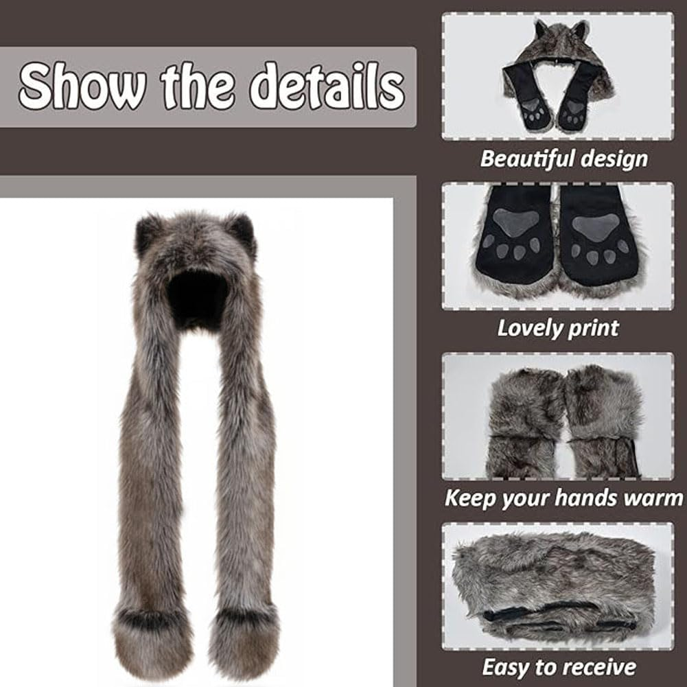 Anime Spirit Animal Hood Hoods Furry Hoodie,Faux Fur Hat with Warm