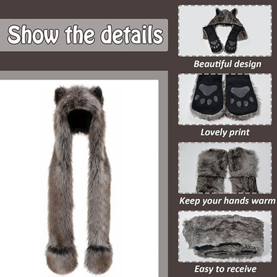 Anime Spirit Animal Hood Hoods Furry Hoodie,Faux Fur Hat with Warm