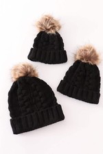 Black pompom cable beanie hat