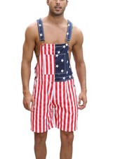 Mens American Flag Denim Bib Overalls Shorts Adjustable Pocket Romper Shorts