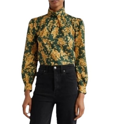 Mille Charlotte Floral Jacquard Top Emerald Bouquet Womens Size M Cotton