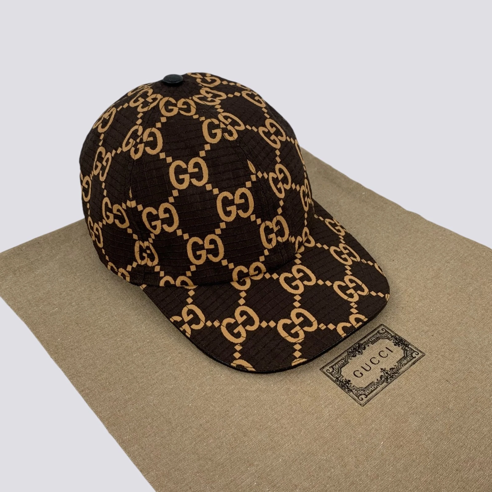 Cappello Berretto Baseball Gucci GG Monogram Ripstop Poliestere Riciclato Marrone Taglia M
