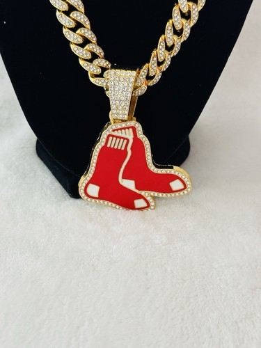 BOSTON RED SOX GEM NECKLACE Gold MLB Team Bling Pendant & 24" Chain, US SHIP - Picture 1 of 2