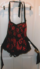iCOLLECTION sz 40 RED/BLACK JACQUARD SATIN HALTER TIE FRONT CORSET W/ PANTY-NWOT