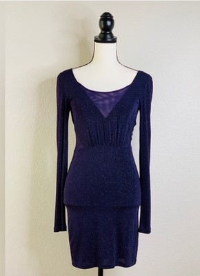 GUESS Women s Glitter Bodycon Mini Dress Purple Long Sleeve Mesh Size M