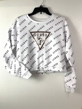 GUESS Cropped Half Sweatshirt With Sequin Embellished Triangle Logo Small Read 