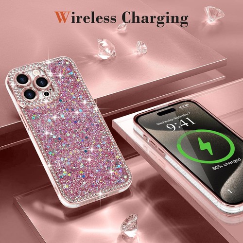 iPhone 15 Pro Max Case Glitter, Luxury Shiny Bling Sparkly Bumper Cover, Pink - Picture 6 of 6