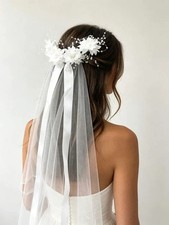 Girls White Communion Veil  Satin Bow, Floral Comb  Pearl Dot Styles
