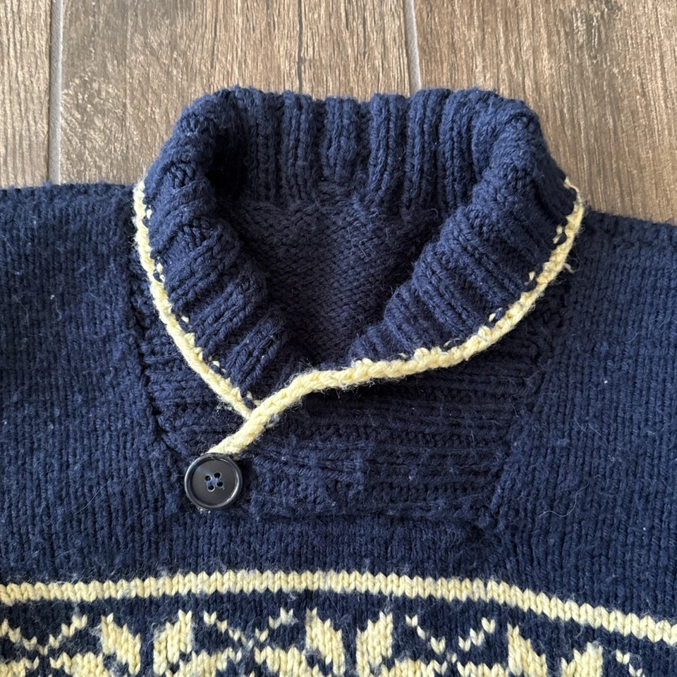 Hand Knit Fair Isle Shawl Collar Sweater Kids Med 7/8 Navy Yellow Snowflakes - Image 3 of 4