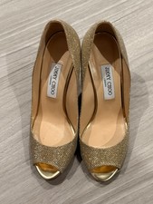 Jimmy Choo Metallic Gold Lurex Fabric Peep Toe Platform Pumps Size 38.5