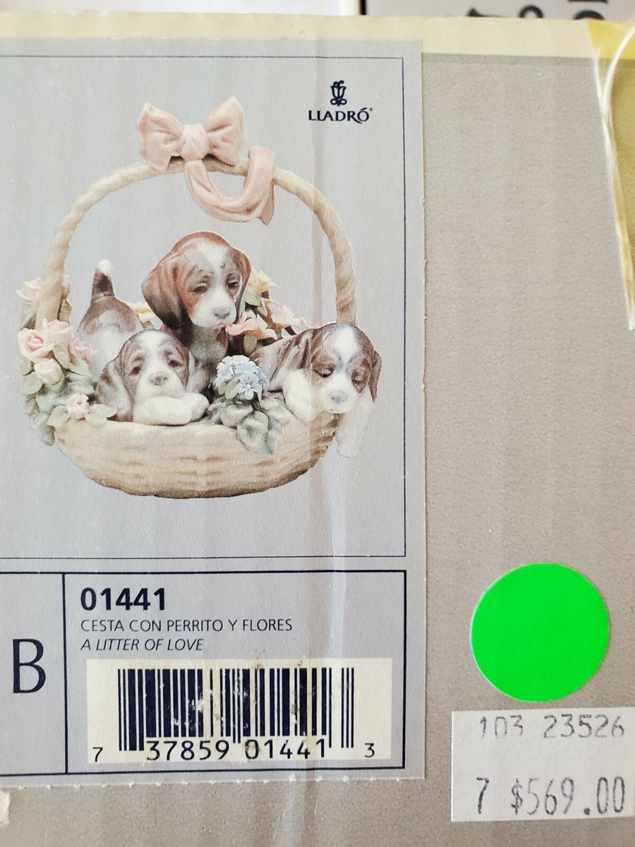 最安値 LLADRO 磁器 A Litter of Love 三つ子の子犬 フィギュリン 陶器人形 リヤドロ 犬 バスケット 花 カゴ 置物 インテリア
