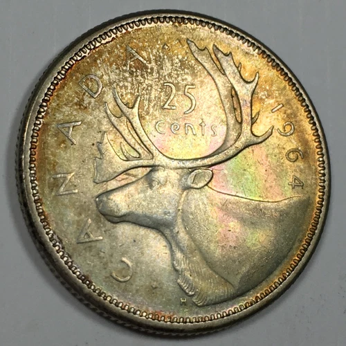 1964 Canada 25 Cents - About Uncirculated (AU) KM#52 Rainbow Toning - 7074