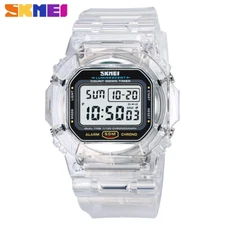 2025 SKMEI Men's LED Digital Sport Watch Transparent Silicone Band Wristwatch