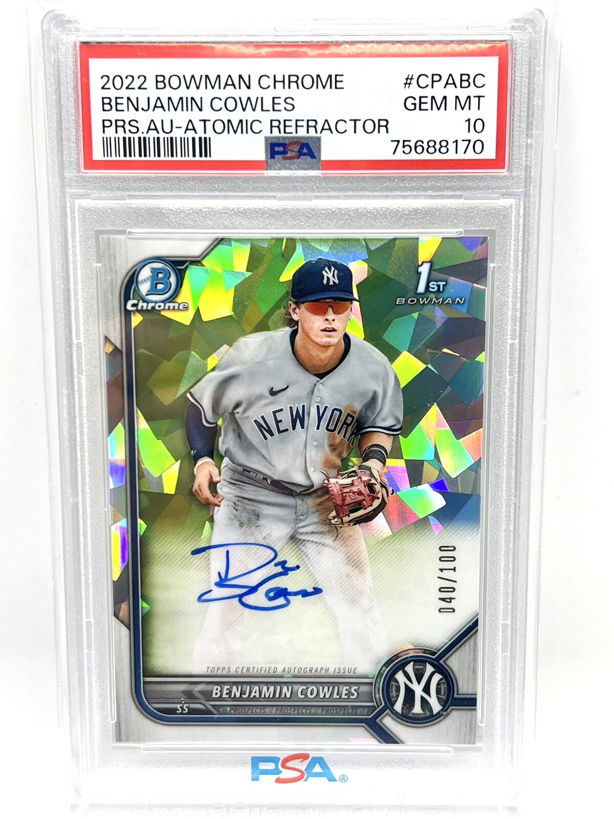2022 Bowman Chrome Benjamin Cowles AUTO #CPA-BC ATOMIC REFRACTOR /100 PSA 10