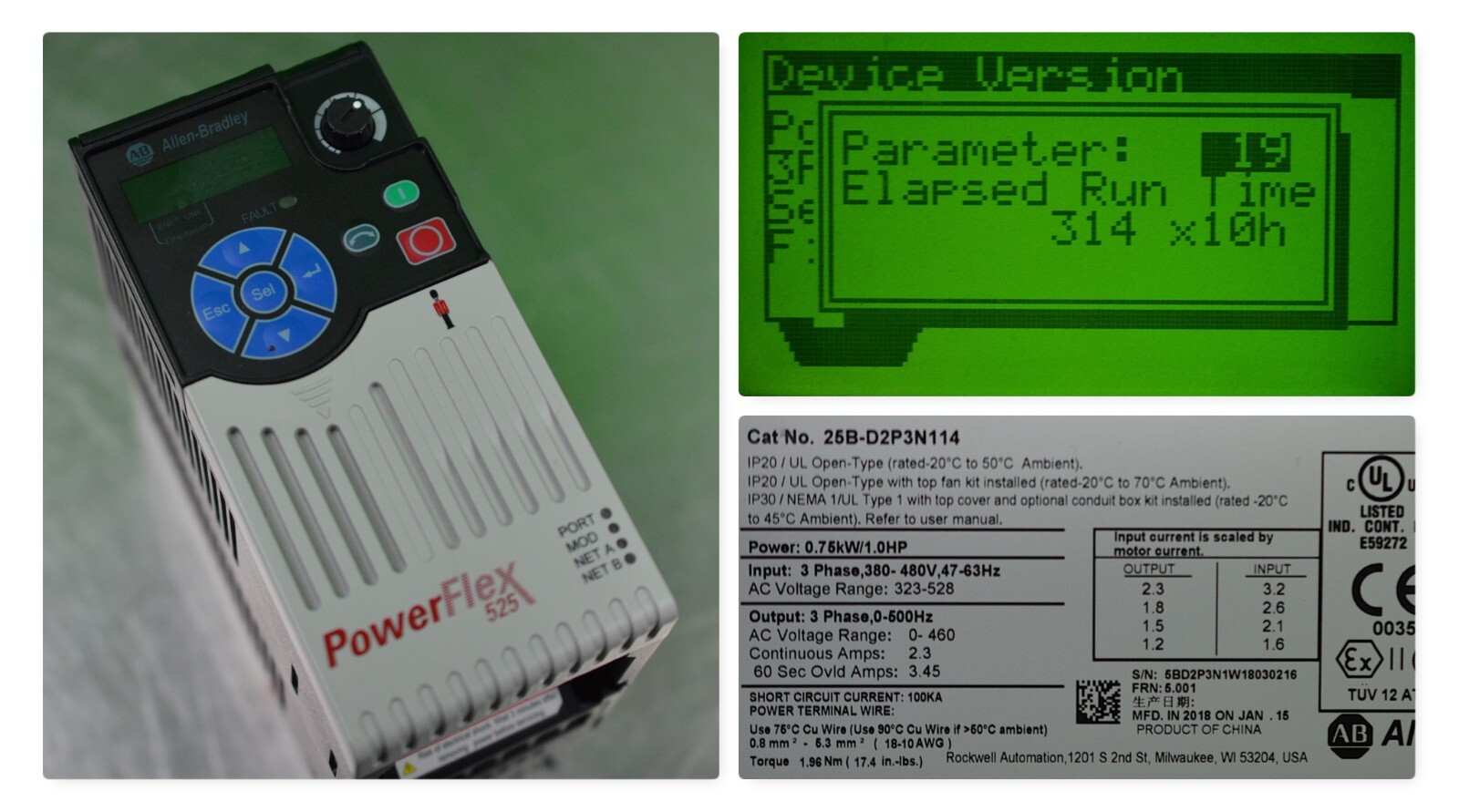Allen-Bradley 25B-D2P3N114 PowerFlex 525 1HP Series A FRN:5.001 Low Hour Tested