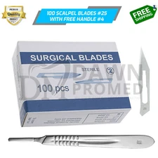 100 Sterile Surgical Blades #25 FREE BP Scalpel Handle #4 Medical EMS German Gr