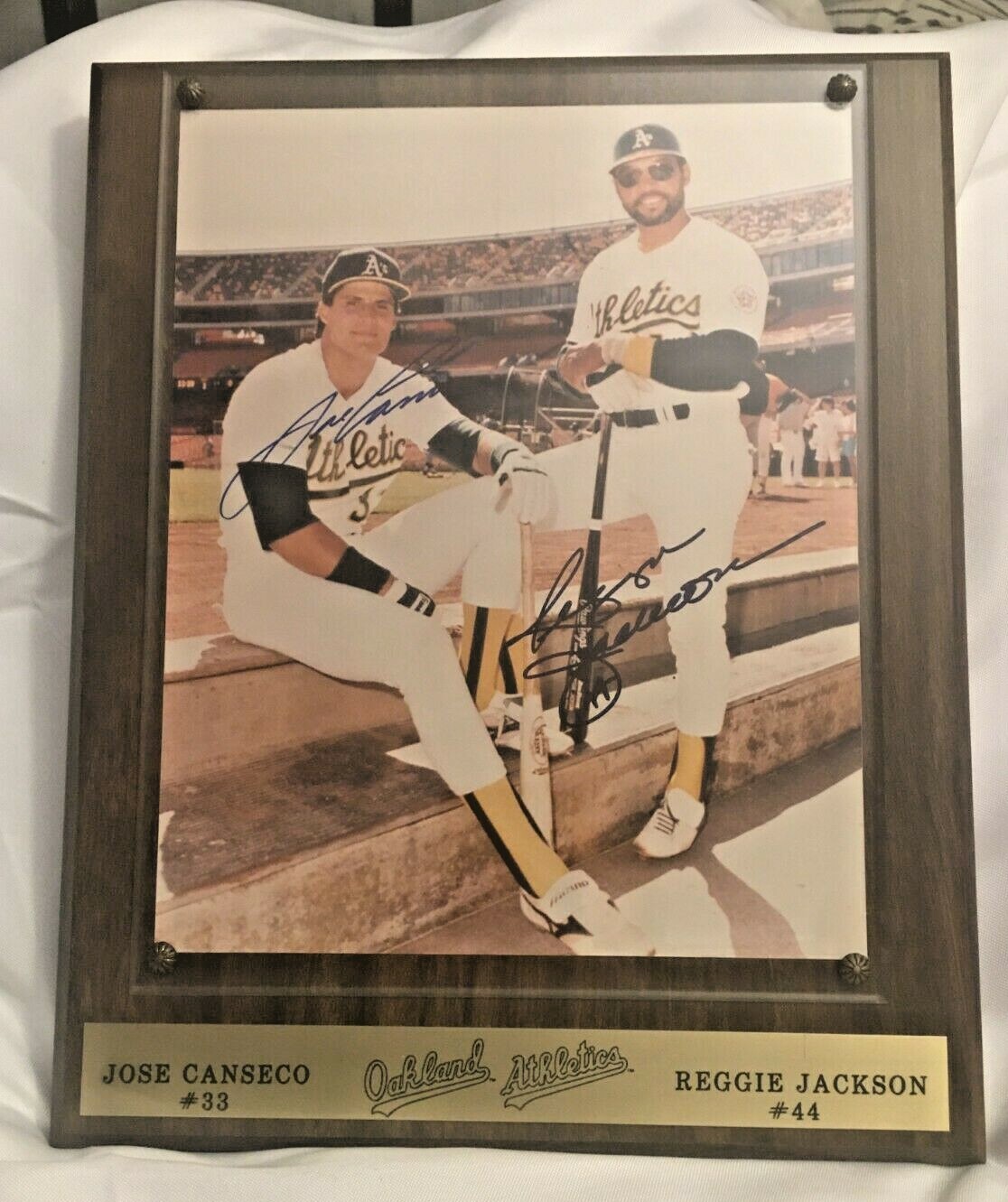 OAKLAND A'S REGGIE JACKSON & JOSE CANSECO  BOTH SIGNED WOOD PLAQUE  MAKE OFFERS
