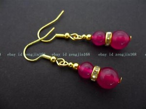 Authentic A Pair of 6mm 8mm Rose Red Jade Beads Gold Plated Dangly Earrings. New.